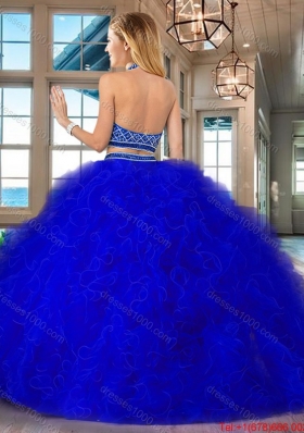 Modern Two Piece Beaded Bodice and Ruffled Sweet 16 Dress in Royal Blue