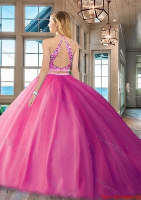 Popular Open Back Brush Train Beaded Bodice Quinceanera Dress in Tulle