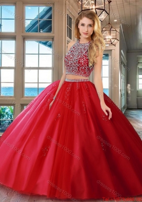 Popular Open Back Brush Train Beaded Bodice Quinceanera Dress in Tulle