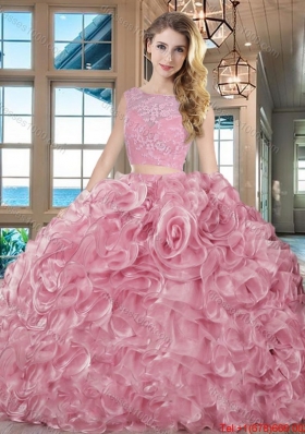 Best Selling Really Puffy Brush Train Organza Pink Quinceanera Dress with Lace