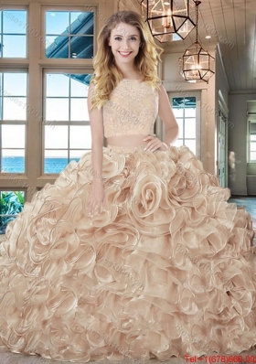 Best Selling Really Puffy Brush Train Organza Pink Quinceanera Dress with Lace