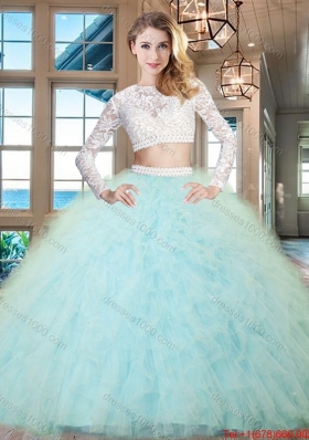 Classical Two Piece Beaded Decorated Waist Ruffled Light Blue Quinceanera Dress