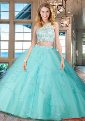 Discount Two Piece See Through Scoop Open Back Aquamarine Quinceanera Dress