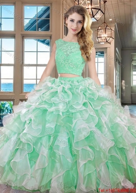 Discount Two Piece Square Ruffled Organza Quinceanera Dress in Apple Green