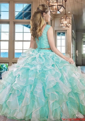 Discount Two Piece Square Ruffled Organza Quinceanera Dress in Apple Green