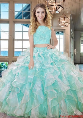 Discount Two Piece Square Ruffled Organza Quinceanera Dress in Apple Green