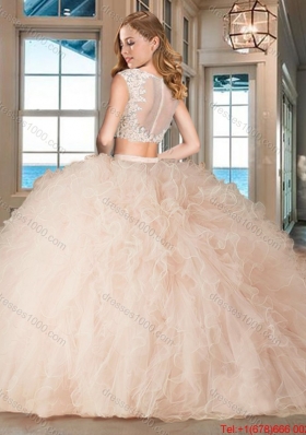 Discount Two Piece Tulle Aquamarine Quinceanera Dress with Ruffles and Appliques