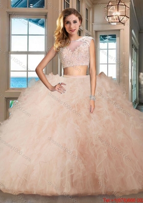 Discount Two Piece Tulle Aquamarine Quinceanera Dress with Ruffles and Appliques