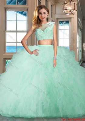 Discount Two Piece Tulle Aquamarine Quinceanera Dress with Ruffles and Appliques