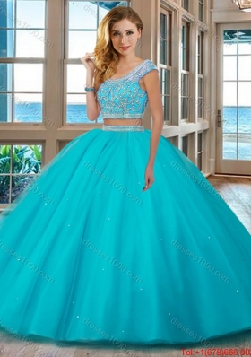 Elegant Puffy Skirt Scoop Cap Sleeves Quinceanera Dress with Ruffles and Beading