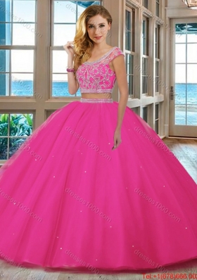 Elegant Puffy Skirt Scoop Cap Sleeves Quinceanera Dress with Ruffles and Beading