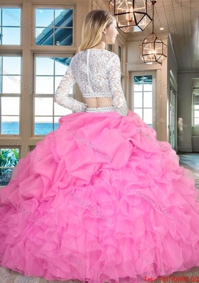 Elegant Two Piece Ruffled and Bubble Mint Quinceanera Dress with Long Sleeves