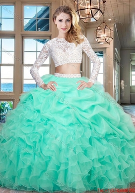 Elegant Two Piece Ruffled and Bubble Mint Quinceanera Dress with Long Sleeves