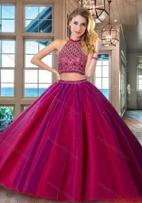 Fashionable Backless Halter Top Fuchsia Quinceanera Dress with Brush Train