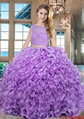 Hot Sale Two Piece Laced Floor Length Lavender Quinceanera Dress in Organza