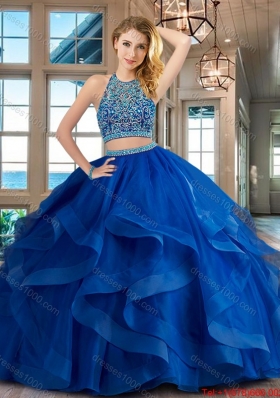 Pretty Beaded and Ruffled Brush Train Quinceanera Dress in Royal Blue