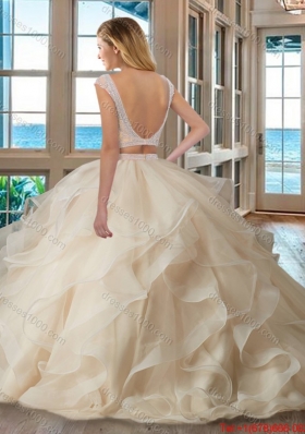 Pretty Puffy Scoop Brush Train Backless Two Piece Quinceanera Dresses with Cap Sleeves