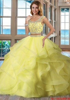 Pretty Puffy Scoop Brush Train Backless Two Piece Quinceanera Dresses with Cap Sleeves