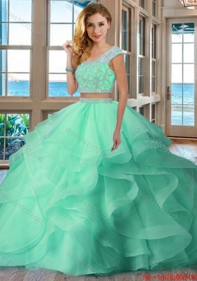 Pretty Puffy Scoop Brush Train Backless Two Piece Quinceanera Dresses with Cap Sleeves