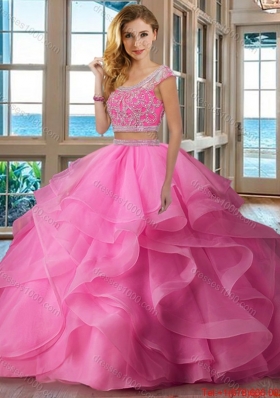 Pretty Puffy Scoop Brush Train Backless Two Piece Quinceanera Dresses with Cap Sleeves