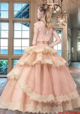 Pretty Two Piece Ruffled Layers and Lacework Quinceanera Dress in Tulle