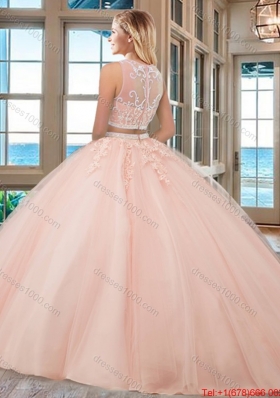 See Through Two Piece Scoop Brush Train Aqua Blue Quinceanera Dresses with Beading and Appliques