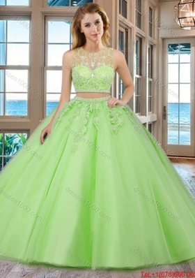 See Through Two Piece Scoop Brush Train Aqua Blue Quinceanera Dresses with Beading and Appliques