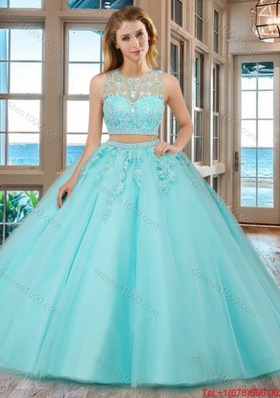 See Through Two Piece Scoop Brush Train Aqua Blue Quinceanera Dresses with Beading and Appliques