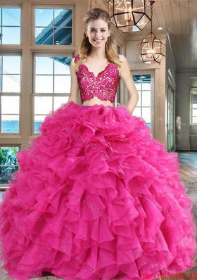 Simple Two Piece Ruffled and Laced Hot Pink Quinceanera Dress in Organza