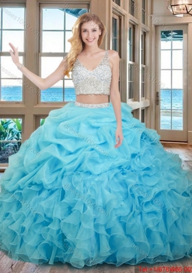 Two Piece Ball Gown V Neck Organza Beaded and Bubbled Quinceanera Dresses in Baby Blue