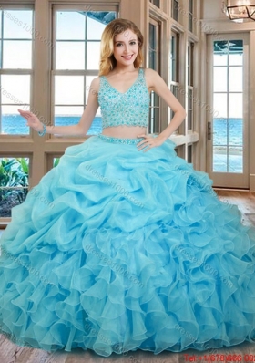 Two Piece Ball Gown V Neck Organza Beaded and Bubbled Quinceanera Dresses in Baby Blue