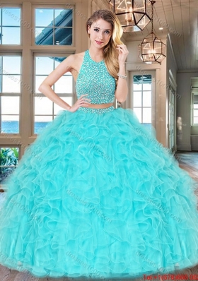 Two Piece Big Puffy Aqua Blue Quinceanera Dress with Ruffles and Beading