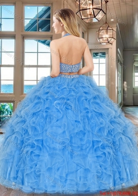 Two Piece Big Puffy Aqua Blue Quinceanera Dress with Ruffles and Beading