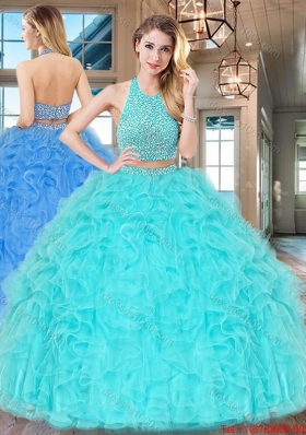 Two Piece Big Puffy Aqua Blue Quinceanera Dress with Ruffles and Beading