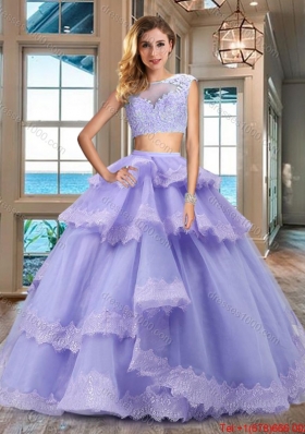 Unique Two Piece Lavender Quinceanera Dress with Lacework and Ruffled Layers