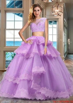 Unique Two Piece Lavender Quinceanera Dress with Lacework and Ruffled Layers