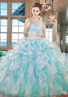 Wonderful See Through Bateau Ruffled and Beaded Quinceanera Dress in Aqua Blue