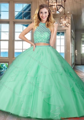 Affordable Two Piece Halter Top Backless Mint Quinceanera Dress in Tulle