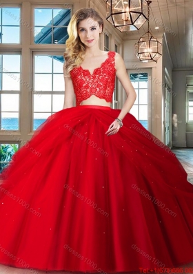 Beautiful Two Piece Puffy Skirt Red Tulle Quinceanera Dress with Zipper Up