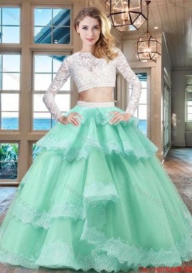 Best Two Piece Laced and Ruffled Layers Quinceanera Dress in Apple Green