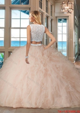 Champagne Puffy Bateau Brush Train Side Zipper Quinceanera Dresses with Beading and Ruffles