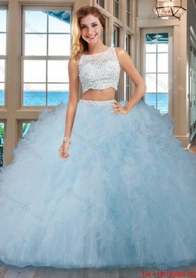 Champagne Puffy Bateau Brush Train Side Zipper Quinceanera Dresses with Beading and Ruffles