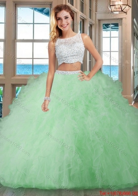 Champagne Puffy Bateau Brush Train Side Zipper Quinceanera Dresses with Beading and Ruffles