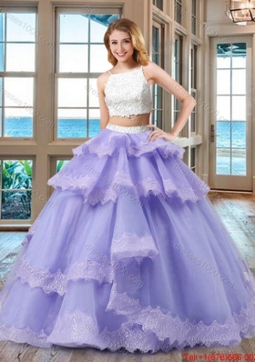 Cheap Straps Beaded Two Piece Backless White and Purple Two Piece Quinceanera Dresses