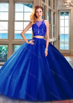 Cheap Two Piece Brush Train Applique Tulle Quinceanera Dress in Royal Blue