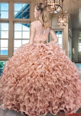 Elegant See Through Scoop Cap Sleeves Zipper Up Organza Quinceanera Gown