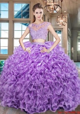 Elegant See Through Scoop Cap Sleeves Zipper Up Organza Quinceanera Gown