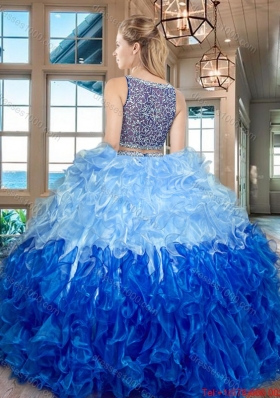 Elegant Two Tone Bateau Side Zipper Quinceanera Dress with Ruffles and Beading