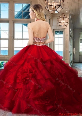 Exclusive Halter Top Brush Train Quinceanera Dress with Ruffles and Beading