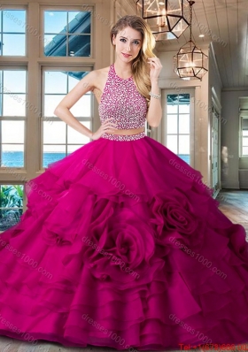 Exclusive Halter Top Brush Train Quinceanera Dress with Ruffles and Beading